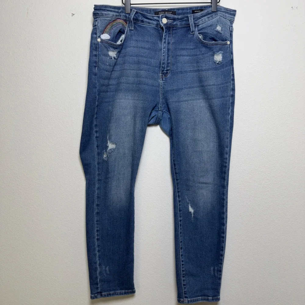 Judy Blue Women Jeans 15/32 Blue Rainbow Distressed Straight Leg Denim Stretch